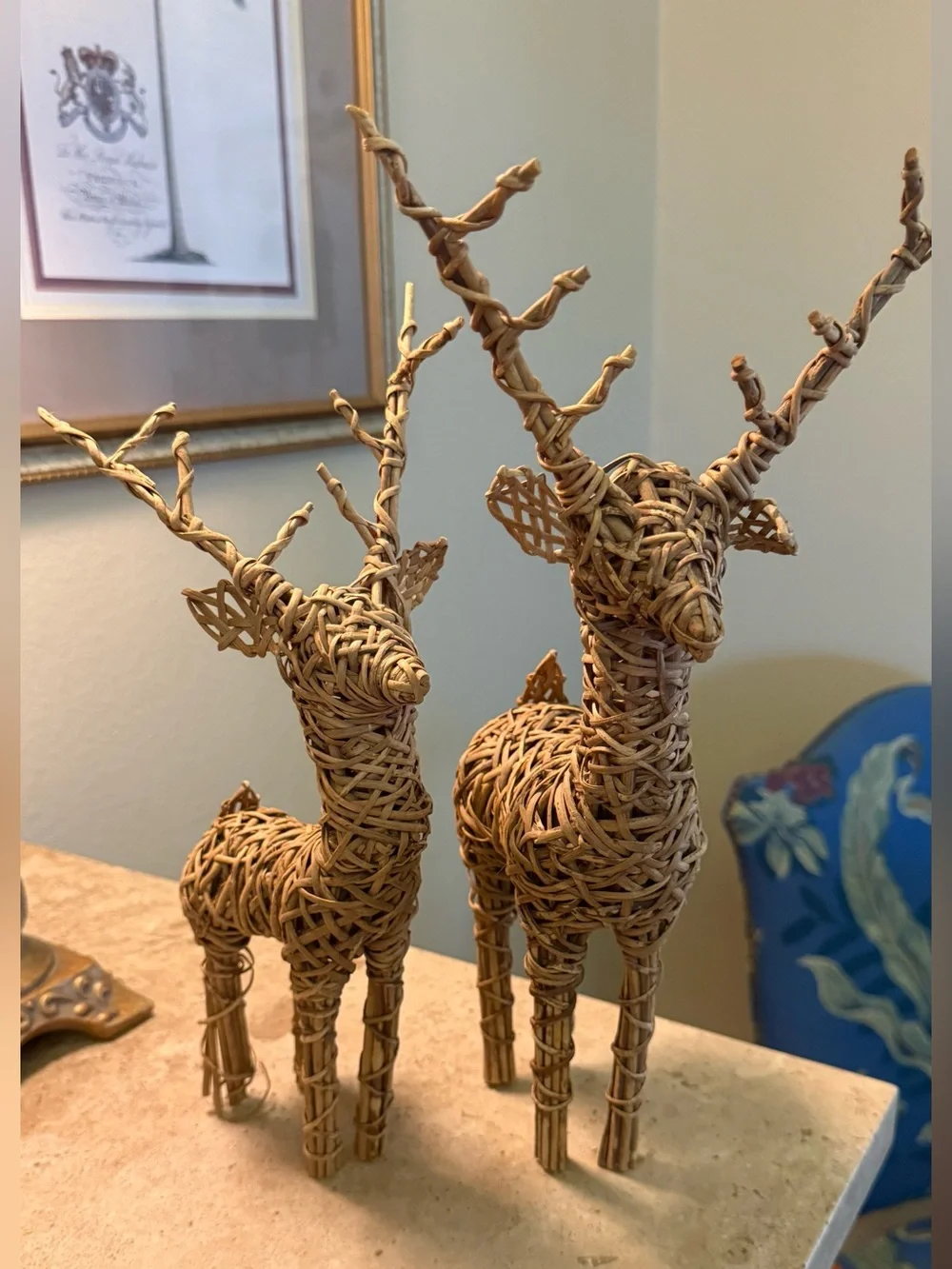 Vintage Crate & Barrel Woven Rattan Reindeer Figurines - Set of 2